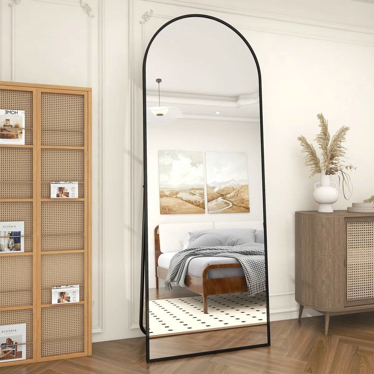 Black 64-inch Full Length Arched Floor Mirror with Stand and Wall Hanging Screws