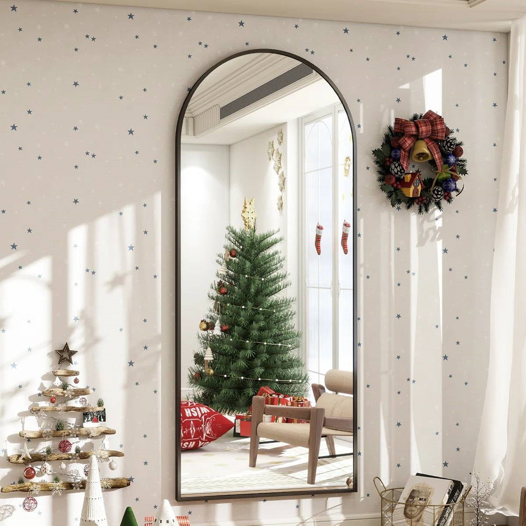 Black 64-inch Full Length Arched Floor Mirror with Stand and Wall Hanging Screws