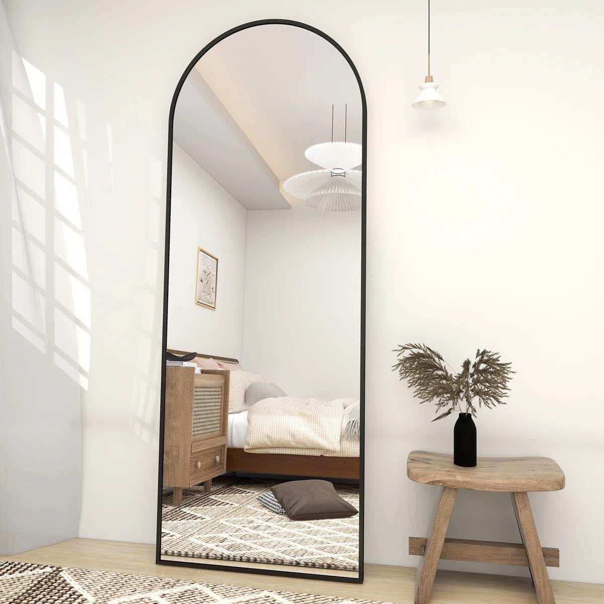 Black 64-inch Full Length Arched Floor Mirror with Stand and Wall Hanging Screws