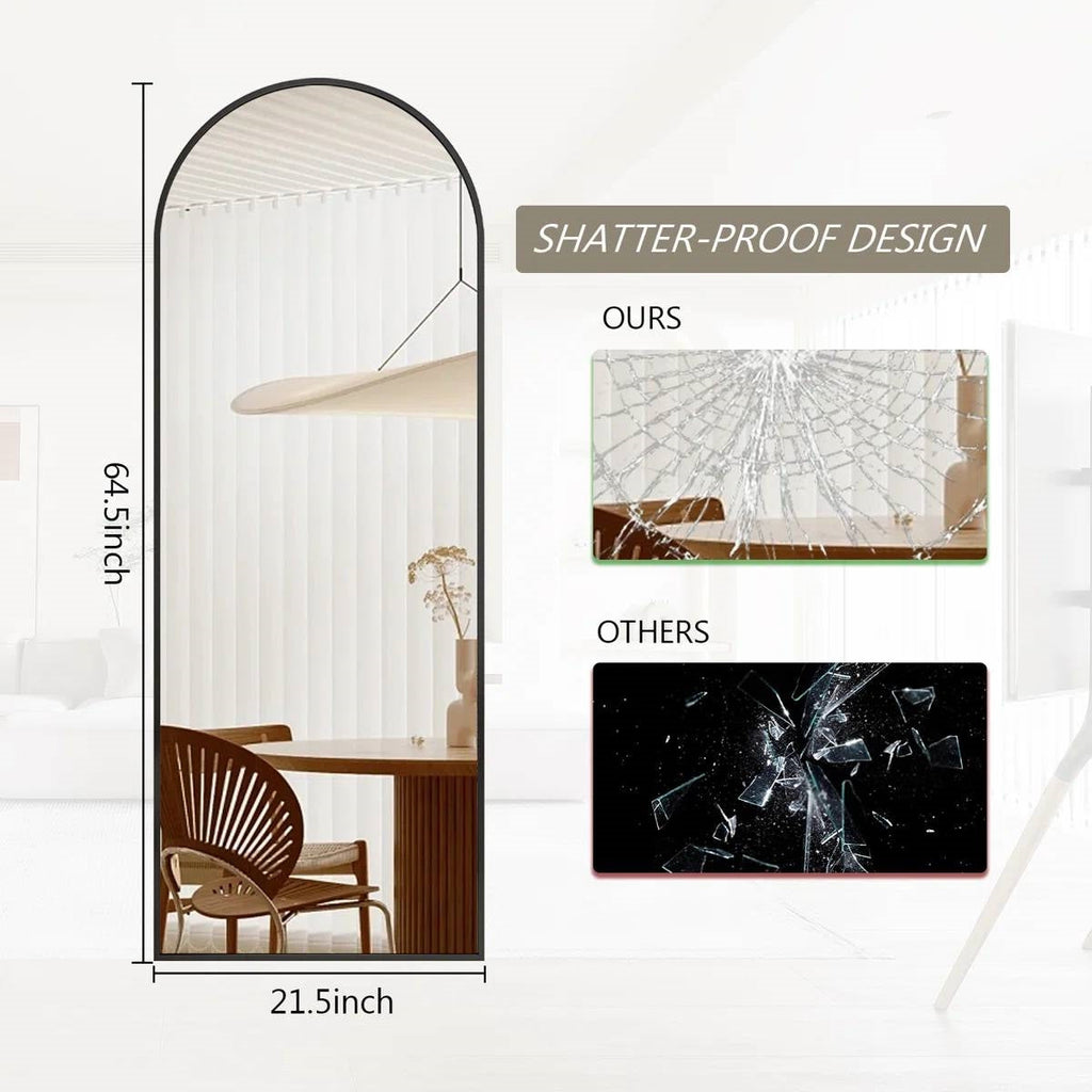 Black 64-inch Full Length Arched Floor Mirror with Stand and Wall Hanging Screws